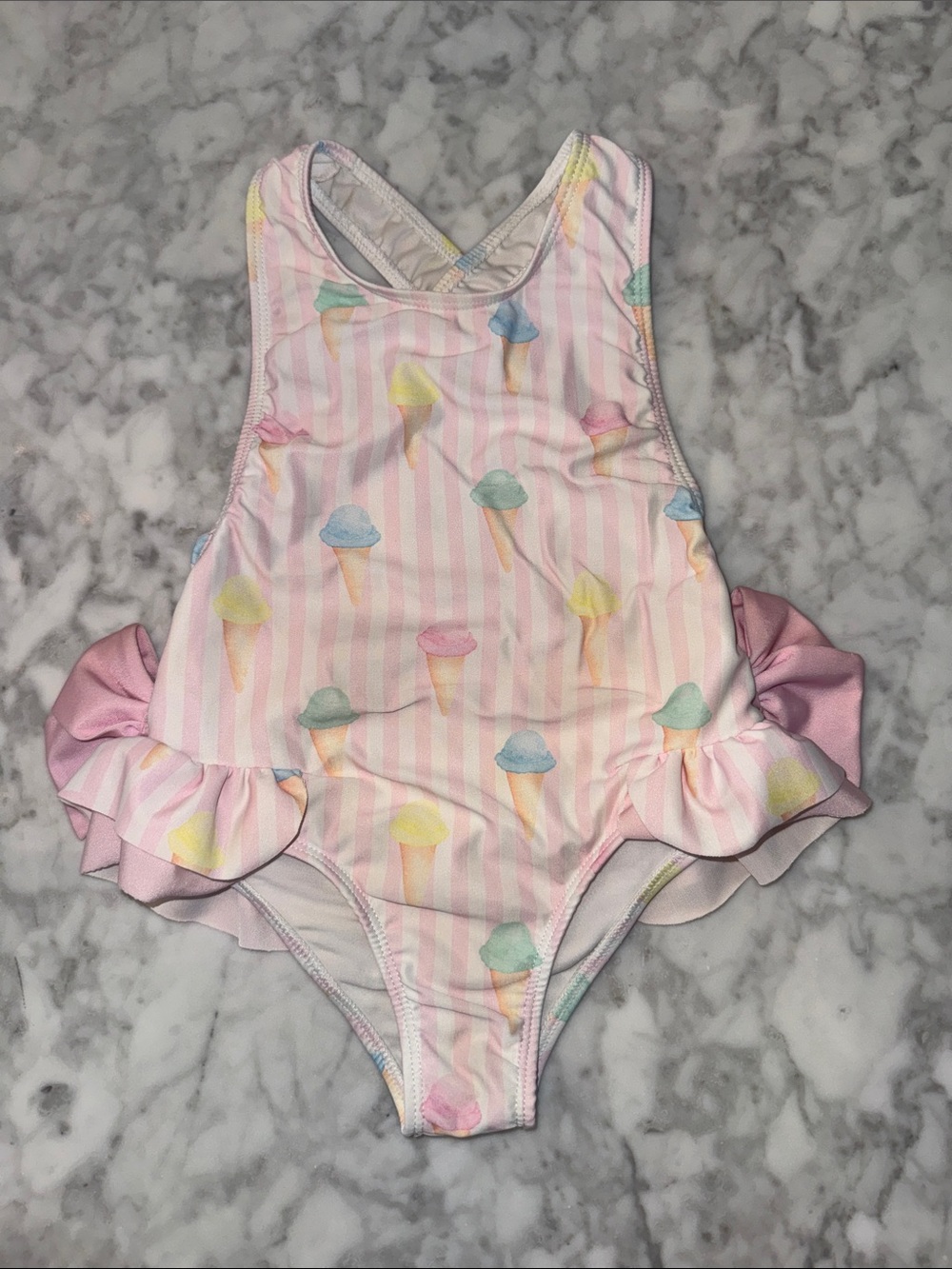 Sal & Pimenta Pink Ice Cream Print Ruffle One-Piece Swimsuit 4T